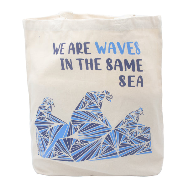 Pamutvászon Táska Felirattal - We are Waves - Szürke, Kék és Natúr-4