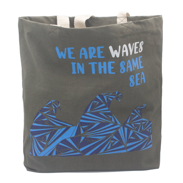 Pamutvászon Táska Felirattal - We are Waves - Szürke, Kék és Natúr-7