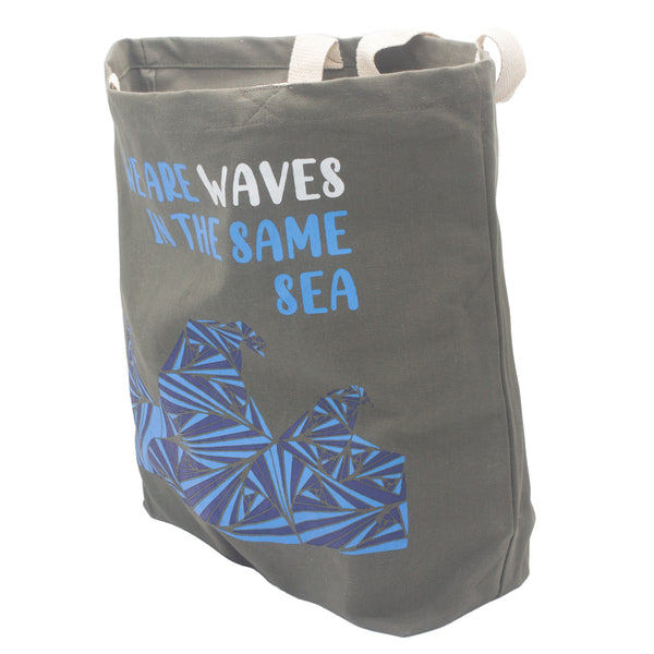 Pamutvászon Táska Felirattal - We are Waves - Szürke, Kék és Natúr-2