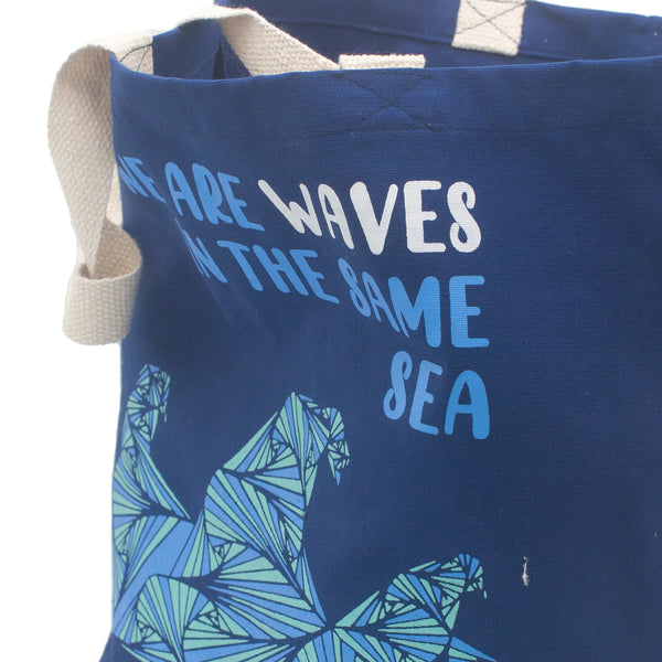 Pamutvászon Táska Felirattal - We are Waves - Szürke, Kék és Natúr-6