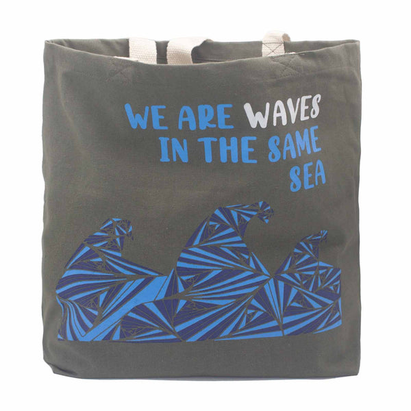 Pamutvászon Táska Felirattal - We are Waves - Szürke, Kék és Natúr-9