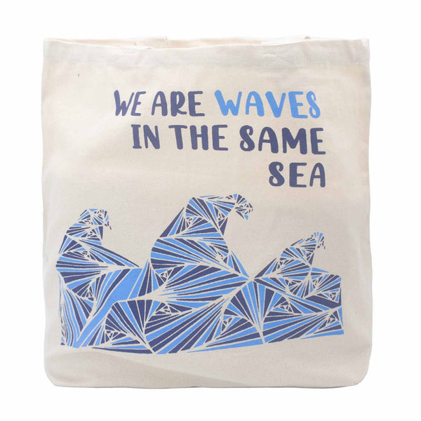Pamutvászon Táska Felirattal - We are Waves - Szürke, Kék és Natúr-11