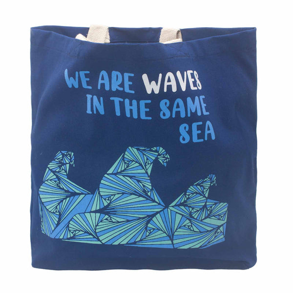 Pamutvászon Táska Felirattal - We are Waves - Szürke, Kék és Natúr-14