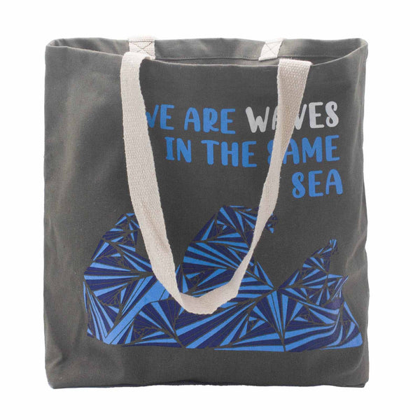 Pamutvászon Táska Felirattal - We are Waves - Szürke, Kék és Natúr-15
