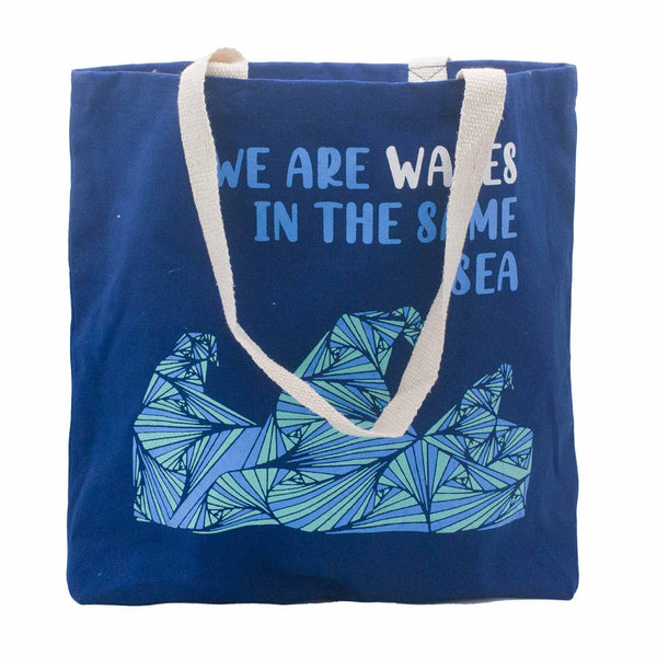 Pamutvászon Táska Felirattal - We are Waves - Szürke, Kék és Natúr-16