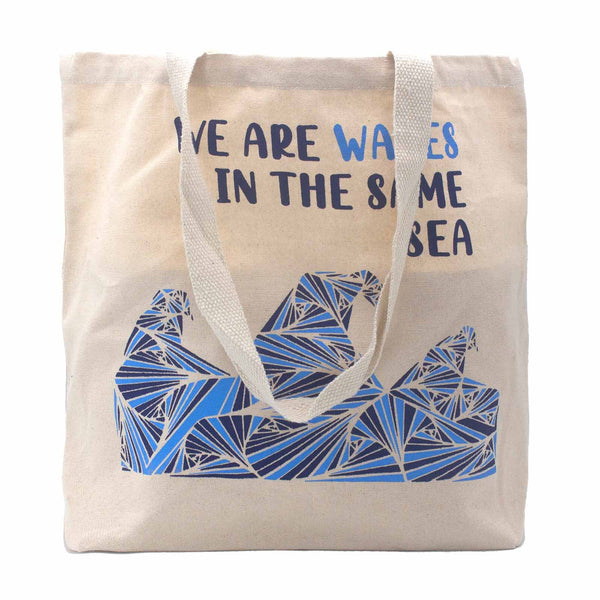 Pamutvászon Táska Felirattal - We are Waves - Szürke, Kék és Natúr-17