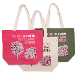 Pamutvászon Táska Felirattal - We are Flowers - Olívazöld, Rózsaszín és Natúr-10