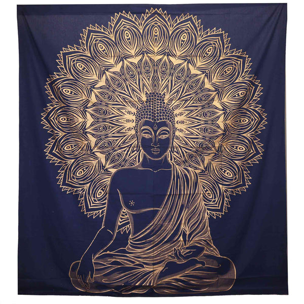 Kettős Pamut Ágytakaró / Falidísz - Buddha - Kék és Arany-0